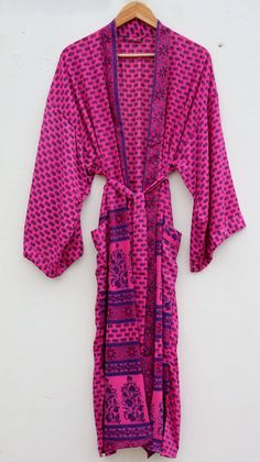 "Silk Polyester kimono robes are perfect for lounging around the home or spa. Use our silk robe as a cover up on the beach or after a dip in the pool. Add a luxe, boho feel to your bridal shower. Versatile, soft and luxurious, our silk kimono robes are printed with azo-free dyes. The silk Polyester robe features Full sleeves, a waist tie and two front pocket. Length - 50 inches (125Centimeter), Measurements Approx : *Length: 50\" Inches *Bust Around Size: 50\" Inches *Shoulder: 8\" Inches *Sleev Silk Kimono Robe, Silk Robe, Vintage Saris, Silk Kimono, Womens Robes, Vintage Silk, Handmade Design, Full Sleeve, One Size Fits All