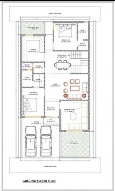 the ground plan for a two story house with an attached garage and living room area