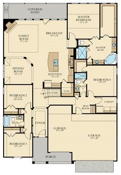 the first floor plan for a home with two master suites and an attached living area