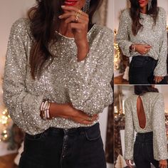 Step into the spotlight and dazzle in our 'Under The Lights' sequin long sleeve open back blouse. This gorgeous and flattering piece features a round neck and an alluring open back design, perfect for any formal occasion, vacation, or anniversary celebration. Shine brighter than ever under the lights with this stunning blouse that will make you the star of the show! eta 2 weeks Features: Long Sleeve Round Neck Open Back Fully Sequin Flattering Fit Material: 95% Polyester+5% Elastane Bust: Small: Sequin Blouse Outfit, Sequin Top Outfit, Sequins Top Outfit, Open Back Blouse, Sequin Blouse, Under The Lights, Blouse Outfit, Sequin Top, Anniversary Celebration