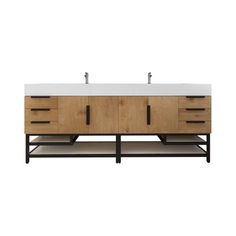 a double sink vanity with two faucets on the top and drawers underneath it