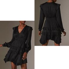 New* Anthropologie, Tiered Ruffled Mini Dress Pullover Styling Ruffled Detail Side Slant Pockets Polyester Mini Silhouette Color:Black Size:(Xs) Extra Small Approx. Dimensions: Falls 37.5” From Shoulder *All Items Are Brand New, Never Worn Or Tried On! If Clothing Items Arrive With Defects,Odor & Ect. It Will Be Stated *(I Try My Best To Catch Any Defects)* *No Returns* *No Trades* **Color Variations In Photos Are Due To Lighting, Unless Otherwise Specified. All Sales Are Final. Make Sure You Ar Elegant V-neck Ruffle Dress For Fall, Chic Fitted Ruffle Dress For Fall, Fall Date Night Midi Dress With Ruffles, Elegant Ruffle Dress For Date Night In Fall, Chic Ruffle Dress For Date Night In Fall, Casual Ruffled Midi Dress For Cocktail, Casual Cocktail Midi Dress With Ruffles, Semi-formal Midi Dress With Ruffles For Cocktail, Elegant Mini Ruffle Dress For Fall