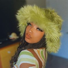 Big Fluffy Bucket Hat, Locs And Hats, Fuzzy Bucket Hat Outfit, Green Hat Outfit, Fluffy Hats, Fuzzy Hat, Rave Hats, Fluffy Hat, Bucket Hat Outfit