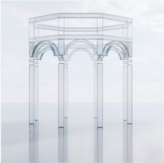 a clear glass structure with arches and pillars in the center, on a reflective surface