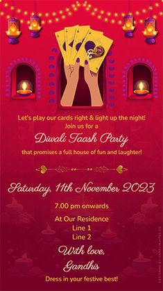 a red and yellow party flyer with two hands holding playing cards in front of candles