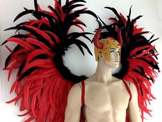 a male mannequin dressed in red and black feathers