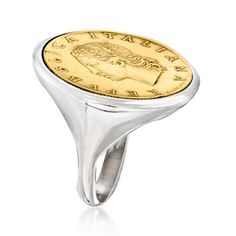 Ross-Simons - Italian Genuine 20-Lira Coin Ring in Sterling Silver. Size 7. This 20-lira ring is well made and priced to please. Presented in a modern silhouette of sterling silver, the retired lira coin has a fresh new appeal. Made in Italy. Lira coin ring. Rolling Ring, Coin Rings, Front Back Earrings, Lapis Ring, Coin Pendant Necklace, Coin Earrings, Coin Ring, Fine Jewelery, Domed Ring