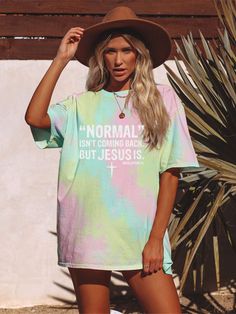 Normal Isn't Coming Back But Jesus Is Revelation 14 Boutique Oversized Boyfriend Tie Dye Tee Couture Fashion Oversized Printed Multicolor T-shirt, Oversized Tie Dye Tops With Letter Print, Oversized Multicolor Letter Print T-shirt, Oversized Multicolor Letter Print Top, Multicolor Oversized Letter Print Top, Oversized Multicolor Printed T-shirt, Cheap Clothing, Women's Outfits By Occasions, John 3 16