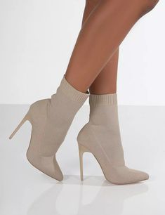 Trendy High Heel Winter Booties, Winter High Heel Boots With Padded Ankle, Winter Party Booties With Padded Ankle, Trendy Beige Winter Boots, Chic Winter Booties With Padded Ankle, Winter Beige Pointed Toe Booties, Winter High Ankle Heels Medium Width, Winter High Ankle Heels, Medium Width, Cream Boots For Fall Party