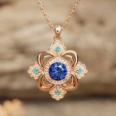 Prairie Insignia Necklace - Sapphire - Serene Western Shiny Rings, Women's Necklace, Round Sapphire, Girly Jewelry, Sapphire Gemstone, Men's Rings, Flower Necklace, Ring Bracelet, 18k Rose Gold