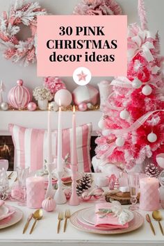 30 pink Christmas decor ideas featuring a festive table setting with pink and white ornaments, candles, and a pink Christmas tree. Christmas Pink Table Decor, Pink Christmas Birthday Party, Small Xmas Tree Decorating Ideas, Pastel Christmas Aesthetic, Pink And White Christmas Decor, Pink Christmas Table Setting, Pink Christmas Table, Pink Table Decorations, Candy Wonderland