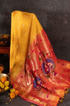 Handwoven Narali Kath yellow pure silk yeola paithani Luxury Paithani Silk Handloom Dupatta, Yellow Semi-stitched Handloom Saree, Vibrant Zari Work Dupatta For Festive Occasions, Mustard Festive Dupatta For Festivals, Bollywood Style Mustard Dupatta For Festivals, Festive Paithani Silk Handloom Traditional Wear, Multicolor Paithani Silk Chandbali Saree, Paithani Silk Traditional Wear With Pallu For Festivals, Yellow Bollywood Traditional Wear For Transitional Season