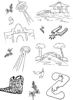 some drawings that are in the shape of an airplane and other things to draw on paper