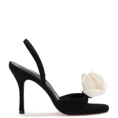 Salma Sandal In Black Suede and Ivory Satin Evening Heels, Kitten Heel Boots, Time And Time Again, Satin Shoes, Sandal Platform, Classic Heels, Elegant Shoes, White Heels, Elevate Your Look