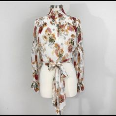 Nicholas Floral Print 100% Silk Smocked Neck Long Sleeve Sheer Peasant Blouse White Sz 4 Brand New With Tags! Features: Neckline: Mock Neck Sleeve Length: Long Sleeve Fit: Relaxed, Crop Closure: Pull Over Material: 100% Silk Care Instructions: Dry Clean Feminine Fall Smocked Top With Floral Print, Feminine Floral Smocked Top For Fall, Feminine Fall Blouse With Smocked Bodice, Fall Feminine Blouse With Smocked Bodice, Chic Fitted Floral Print Peasant Top, Chic Long Sleeve Smocked Top With Floral Print, White Smocked Top With Ruffles For Fall, Long Sleeve Smocked Top With Floral Print For Brunch, Long Sleeve Floral Smocked Top For Brunch