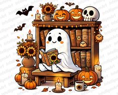 a ghost reading a book in front of a bookshelf filled with pumpkins