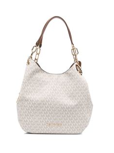 Lillie monogram-print tote bag from MICHAEL MICHAEL KORS featuring vanilla, brown, monogram print, gold-tone logo lettering, gold-tone hardware, two top handles, rear zip-fastening pocket and main compartment. Monogram Prints, Printed Tote Bags, Vanilla, Handles, Michael Kors, Monogram, Tote Bag, Chain, Gold