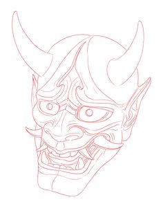 a drawing of a demon head with horns