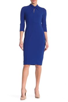 A sheath dress features a cutout mock neck with a twist for ultimate sophistication. Fit: this style fits true to size. Keyhole mock neck. 3/4 length sleeves. Back zip closure. Crepe fabrication. Unlined. Approx. 40" length (size 2). Imported Fitted Bodycon Dress With 3/4 Sleeve For Work, Fitted Career Dress With 3/4 Sleeves, Formal Fitted Bodycon Dress With 3/4 Sleeve, Chic Fitted Bodycon Dress With 3/4 Sleeve, Formal Bodycon Dress With 3/4 Sleeves, Elegant Fitted Bodycon Dress With 3/4 Sleeves, Elegant Bodycon Dress With 3/4 Sleeves, Elegant Career Dresses With 3/4 Sleeves, Fitted Dresses With 3/4 Sleeve