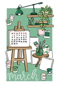 the march calendar is displayed on an easel in front of shelves with plants and other items