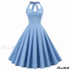 Olivia Mark - Retro Polka Dot Neck Hanging Backless Belted Waist Palace Style A-line Dress Halter Neck Outfit, Print Chiffon Maxi Dress, Revealing Dress, Vintage Dress 60s, 1950s Dresses, Open Back Maxi Dress, Corset Dress Prom, Full Skirts, Halter Strap