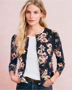 Signature Eco Merino Cardigan Floral Print Cardigan For Fall Layering, Elegant Fitted Cardigan With Floral Print, Fitted Elegant Cardigan With Floral Print, Floral Print Cardigan For Fall Daywear, Fitted Sweater With 3/4 Sleeves For Spring, Garnet Hill, Garnet, Women's Blazer, Cardigans