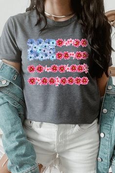 Flower USA Flag Graphic T-shirt. Unisex Crew Neck Short Sleeves 100%COTTON HEATHER(52%COTTON,48%POLY) ATH.HEATHER,BLACK HEATHER(90%COTTON,10%POLY) Imported Size Measurement (inch): S: 36.0 (Bust), 18.0 (Waist), 18.0 (Hips), 28.0 (Length) M: 40.0 (Bust), 20.0 (Waist), 20.0 (Hips), 29.0 (Length) L: 44.0 (Bust), 22.0 (Waist), 22.0 (Hips), 30.0 (Length) XL: 48.0 (Bust), 24.0 (Waist), 24.0 (Hips), 31.0 (Length) Spring Gray Graphic Tee T-shirt, Spring Gray T-shirt With Letter Print, Spring Gray Letter Print T-shirt, Gray Graphic Tee For Spring, Spring Crew Neck T-shirt With American Flag Print, Trendy American Flag Print T-shirt For Spring, Spring T-shirt With Flag Print, Spring Graphic Tee With Flag Print, Multicolor Flag Print Casual T-shirt