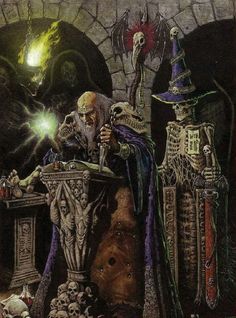 a painting of a wizard sitting at a table