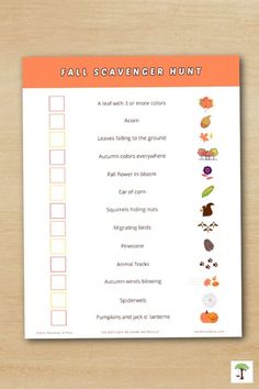 a printable fall scavenger hunt is shown on a wooden surface with an orange border