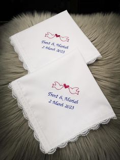 Personalized Embroidered handkerchiefs make the perfect gift for any occasion. No matter what is the occasion -  A truly elegant gift for a Weddings, bridal shower, Anniversary, Birthday, Mothers Day Gift, Father's day, baptism or Christmas. This is a premium quality cotton Hankie with lace (30 cm x 30 cm ) Please choose your preferred Writing Color thread and Design from the drop box menu. Set of 2 handkerchiefs come individually packaged in a clear poly bag include white gift box with matching ribbon, front fold flap provides a secure closure( 5 x 4.5 inch) Please leave us a note with the info below when you place your order. *Couple names *Date We will send you the layout for confirmation before proceed. White Handkerchiefs With Embroidered Text For Gift, White Handkerchiefs With Embroidered Text As Gift, White Handkerchiefs With Custom Embroidery For Gift, White Embroidered Text Handkerchief Wedding Gift, White Handkerchiefs With Custom Embroidery As Gift, Embroidered White Handkerchief Gift, White Embroidered Handkerchiefs For Special Events, White Embroidered Handkerchiefs As Gift, Personalized White Handkerchiefs For Special Day