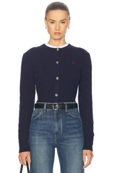 Find RALPH LAUREN Long Sleeve Cardigan In Navy on Editorialist. Polo Ralph Lauren Long Sleeve Cardigan in Navy 80% wool 20% cashmere. Made in China. Hand wash. Front button closure. Logo detail at front. Cable knit fabric design. PLAU-WK21. 211910443008. About the designer: Cable Knit Outfit, Navy Cardigan Outfit, Navy Ralph Lauren, Ralph Lauren Cable Knit, Navy Cardigan, Classy Girl, Ralph Lauren Long Sleeve, Cardigan Outfits, Knitwear Cardigan