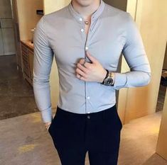 Classic Gray Formal Tops, Fitted Gray Collared Shirt, Fitted Casual Dress Shirt For Fall, Casual Fitted Dress Shirt For Fall, Fitted Collared Gray Shirt, Fitted Gray Business Top, Fitted Gray Top For Business, Modern Fitted Solid Color Shirt, Modern Fitted Solid Shirt