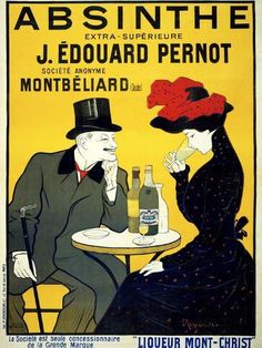 an advertisement for absinthe with two people sitting at a table