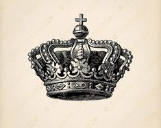 a black and white drawing of a crown with an ornate design on the front side