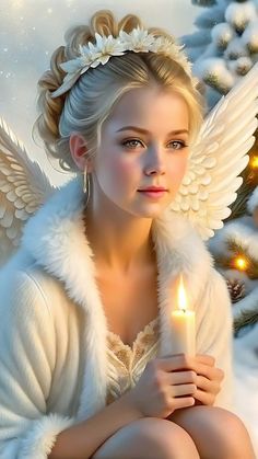 an angel sitting next to a christmas tree with a lit candle in her hand,