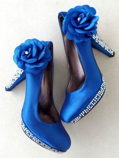 "Something blue bling wedding shoes for bride or bridesmaids, custom heel heights available. Classic blue weddings or elegant receptions, these sparkly wedding heels will be your lucky \"something blue\" Custom wedding gift, bachelorette gift, personalized engagement gift. Royal blue satin bridal shoes are designed with blue flowers. Silver and blue rhinestones are used to cover the heels, \"I Do\" is written on the soles with blue rhinestones. They are made of soft smooth satin and delicate lac Sparkly Wedding Heels, Glittery Wedding Dress, Classic Blue Wedding, Bling Wedding Shoes, Glittery Wedding, Wedding Shoes For Bride, Custom Heels, Shoes For Bride, Blue Weddings