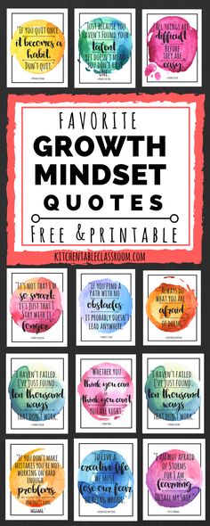 the words favorite growth minds and quotes are shown in this printable poster with watercolor paint