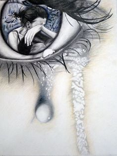 a drawing of a woman's face with her eyes closed and water dripping from the eye