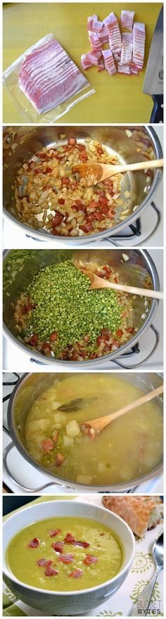 four pictures showing different types of food being cooked in large pans with chopsticks