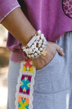 Add a stunning look to all your boho ensembles in the Elyse Bracelet Set. Perfect for stacking your wrists, this statement piece will add that eye-catching finishing touch! 5 beautiful natural stone and beaded bracelets with stretch One layer is a gold bangle with single druzy crystal for a unique sparkling finish One layer has a stone charm for added boho style Stones may vary in size and texture Pair with: Evermore Seamless Lace Racerback Bralette, Lightwave Overalls, Cozy Cabin Turtleneck Pon Boho Essentials, Turtleneck Poncho, Bralette Outfit, Three Bird Nest, Druzy Crystal, Gold Bangle, Cozy Cabin, Cute Sets, Christmas Wishlist