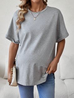 Maternity Batwing Sleeve Loose Fit Round Neck T-Shirt Grey Casual  Half Sleeve Knitted Fabric Plain  Slight Stretch  Maternity Clothing, size features are:Bust: ,Length: ,Sleeve Length: