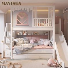 a child's bedroom with a slide and bunk bed