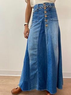 Possible the most perfect staple in any 1970s lovers wardrobe! Six wooden button front closure, pockets on front and back ( made from Seafarer jeans). Made from many tones of denim making it extra cool! In awesome condition.  Waist: 27" Hip: 36" Length: 39" Seafarer Jeans, Patchwork Maxi Skirt, Upcycled Jeans, Skirts Denim, Clothing Diy, Womens Skirts, Upcycle Jeans, Boho Skirts, Vintage Denim