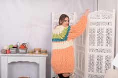 "MATERIAL : 100 % unspun merino wool COLOUR : Multicolour ( There may be a slight difference because of the different monitors' representation) ♥ In the picture the model is wearing a garment with these measurements : A: ( Body lenght) : 30.3 \" / 77 cm B: ( Chest width) 20.9 \" / 53 cm C: (Sleeve from under the arm) : 22.8 \" / 58 cm D: (Neck unrolled) : 5.1 \" / 13 cm. They are taken with the item laid flat and not streched. ♥ For choosing your size please look at size chart in our listing pic Winter Jumpers, Sweater Chunky, Red Jumper, Merino Sweater, Slouchy Sweater, Sweater Women's, Mohair Sweater, Over Sized, Warm Sweaters