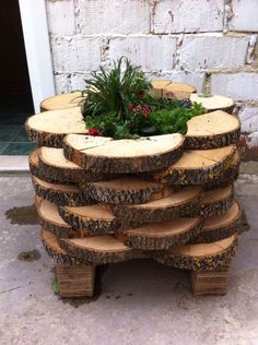 a planter made out of logs with plants growing in the center and on top