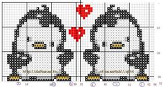 the cross stitch pattern shows two black and white cats with red hearts