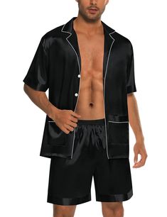 PRICES MAY VARY. 95% Polyester, 5% Spandex Imported Button closure Machine Wash SATIN PAJAMA WITH A SILKY FEEL: The mens pajamas set is made of super soft and comfy satin fabric. Lightweight polyester and silky feel care for people's health, bring comfy night sleep for you. CLASSIC BUTTON DOWN DESIGN: Two-piece men silk satin pajama set features unique sleepwear style. Contrast piping, two front pockets, notch collar, short sleeve pjs top, casual shorts, timeless style which makes you cool and e Loungewear Set Shorts, Two Piece Loungewear, Silky Pajamas, Satin Pajama Set, Satin Sleepwear, Satin Pajama, Mens Pajamas Set, Mens Loungewear, Satin Pyjama Set