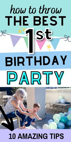 the birthday party flyer is shown with balloons and streamers in blue, green, white and