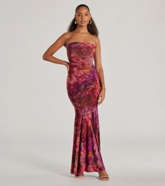 Shine bright and serve a gorgeous aura in this strapless floral tie-dye maxi dress perfect for summertime soirees! The strapless neckline and lace-up back design exude effortless elegance, while the form-hugging fit accentuates your curves. The ruffled maxi-length hem adds a playful touch to this stunning dress. Strapless Neckline, Tie Dye Maxi Dresses, Mauve Dress, Tie Dye Maxi, Windsor Dresses, Effortless Elegance, Tie Dye Print, Back Design, Stunning Dresses