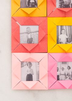 four origami photo frames with children's pictures on them in different colors